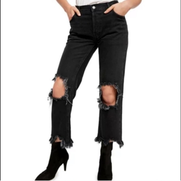 Free People Maggie Distressed Mid-Rise Straight Jeans Washed Black FP1009 - Picture 2 of 16